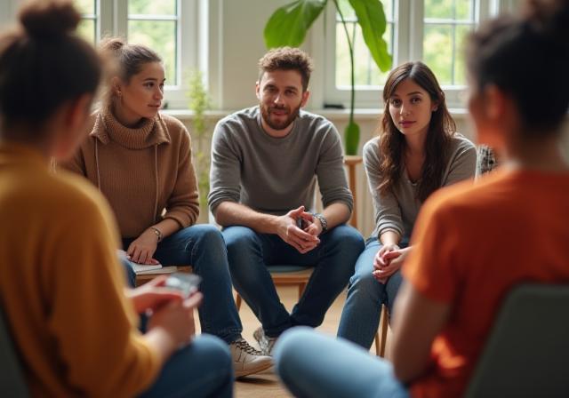 Diverse group of people in supportive discussion